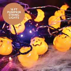 Premium Innovations jack-o-lantern pumpkin string lights on railing creating festive accent