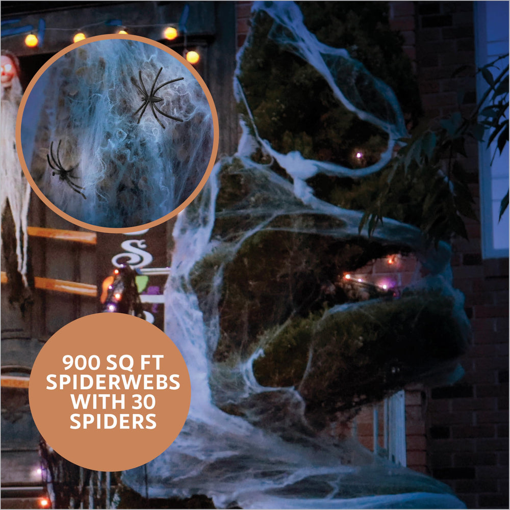 Premium Innovations purple and orange string lights wrapped in tree adding spooky glow