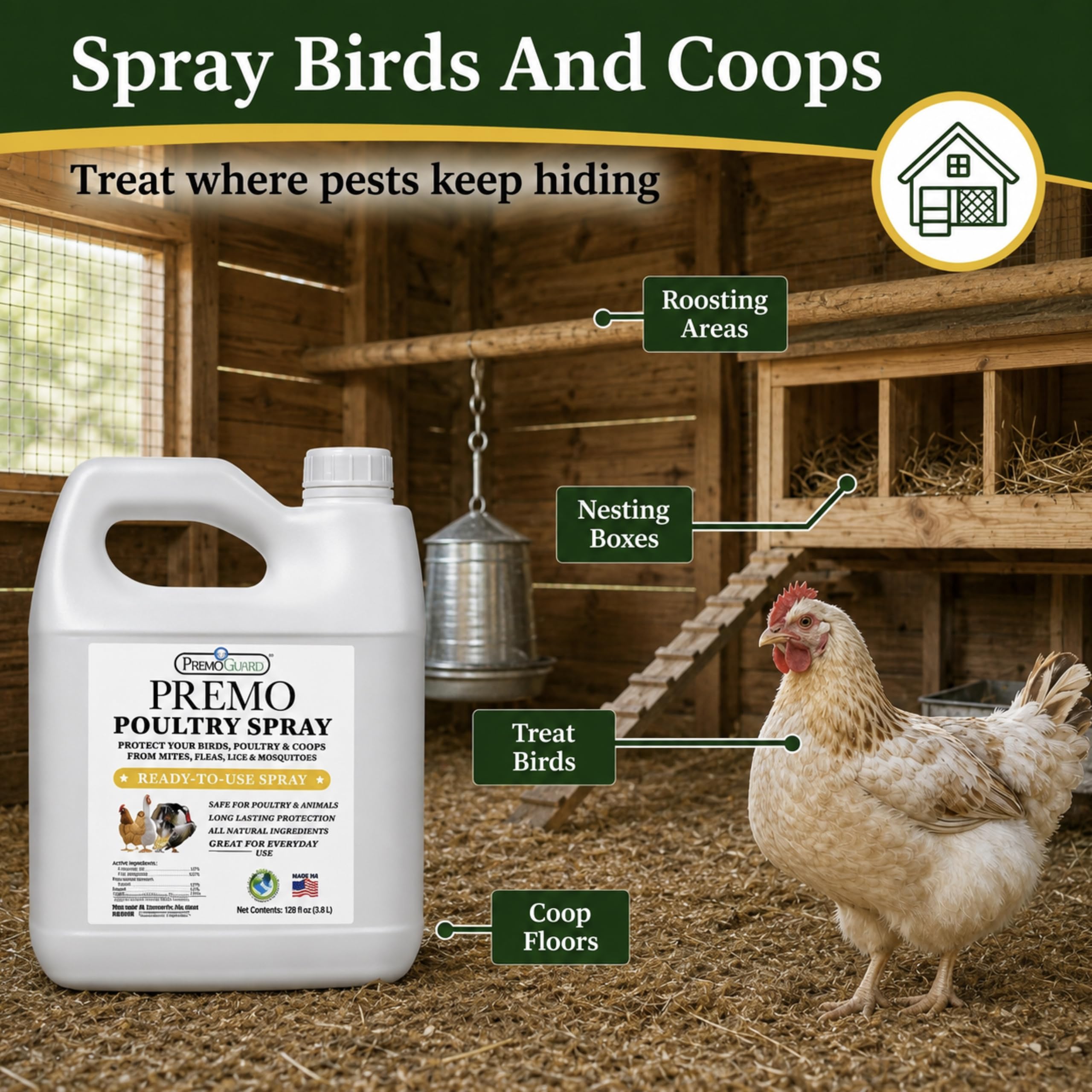 Premo Guard applied inside a coop protecting roosts and nest boxes