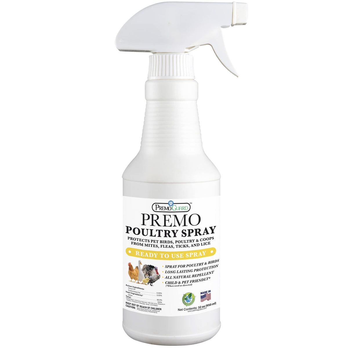 Premo Guard front label showing natural poultry spray and benefits