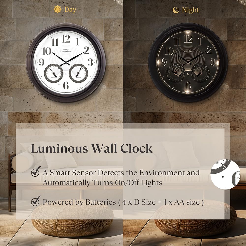 Presentime illuminated clock lit at night offering warm visibility outdoors