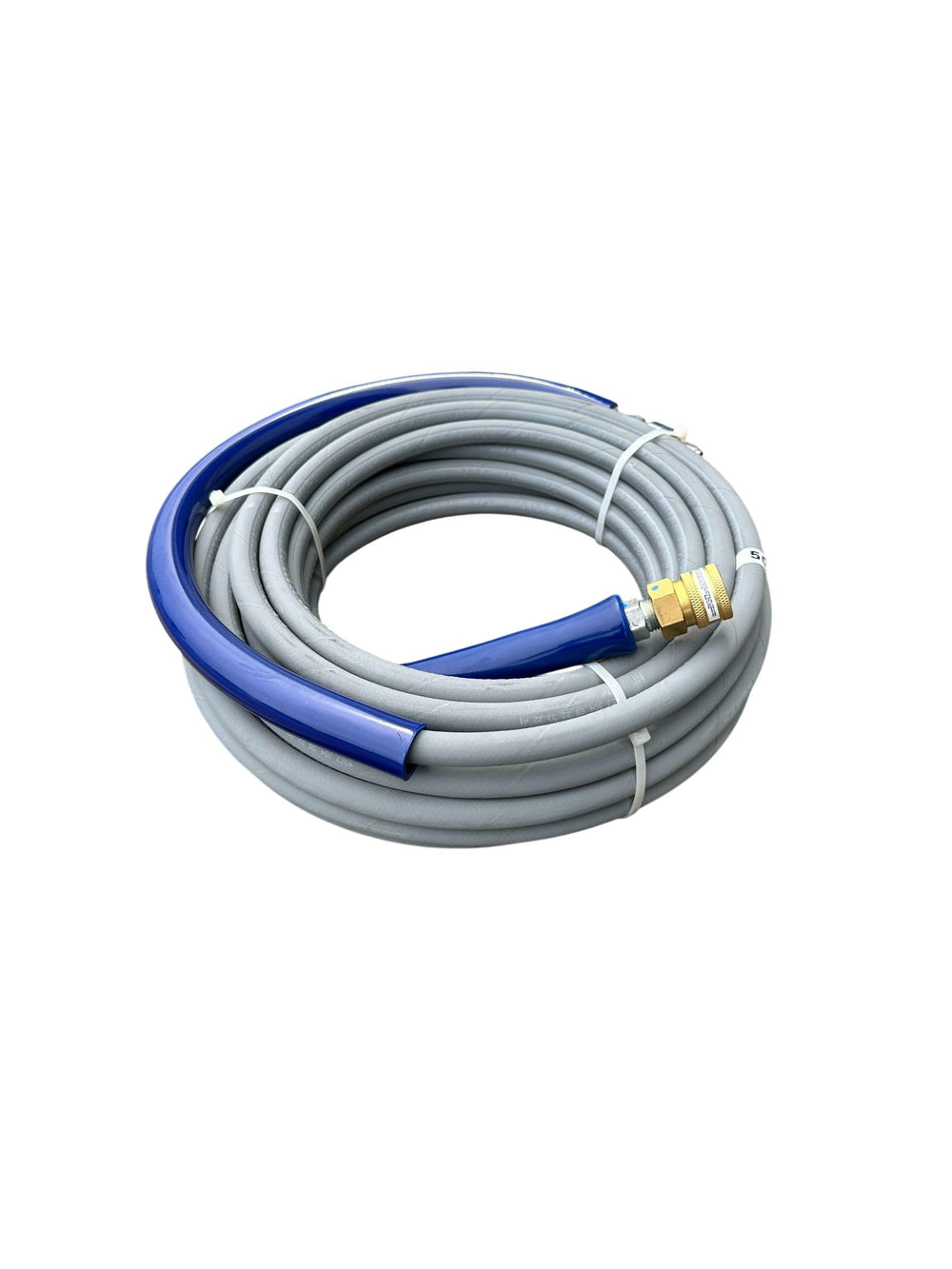Pressure-Pro blue bend restrictors on hose ends reducing stress and extending hose life