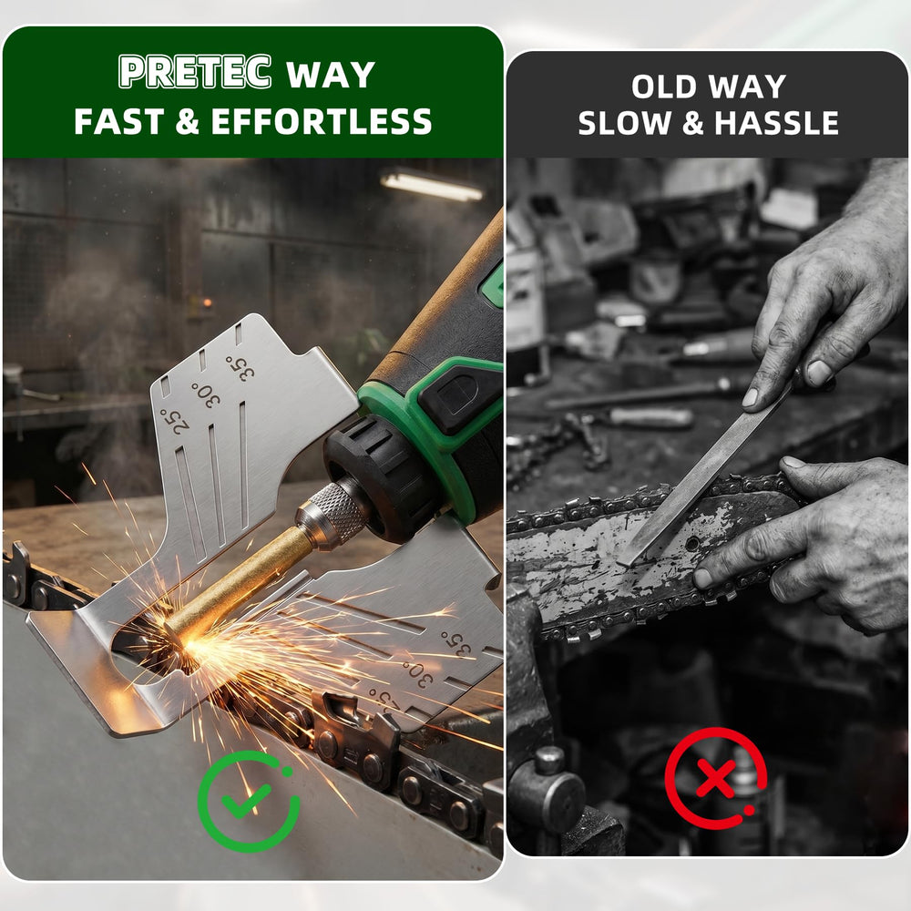PRETEC electric sharpener in use sharpening a chainsaw for efficient maintenance