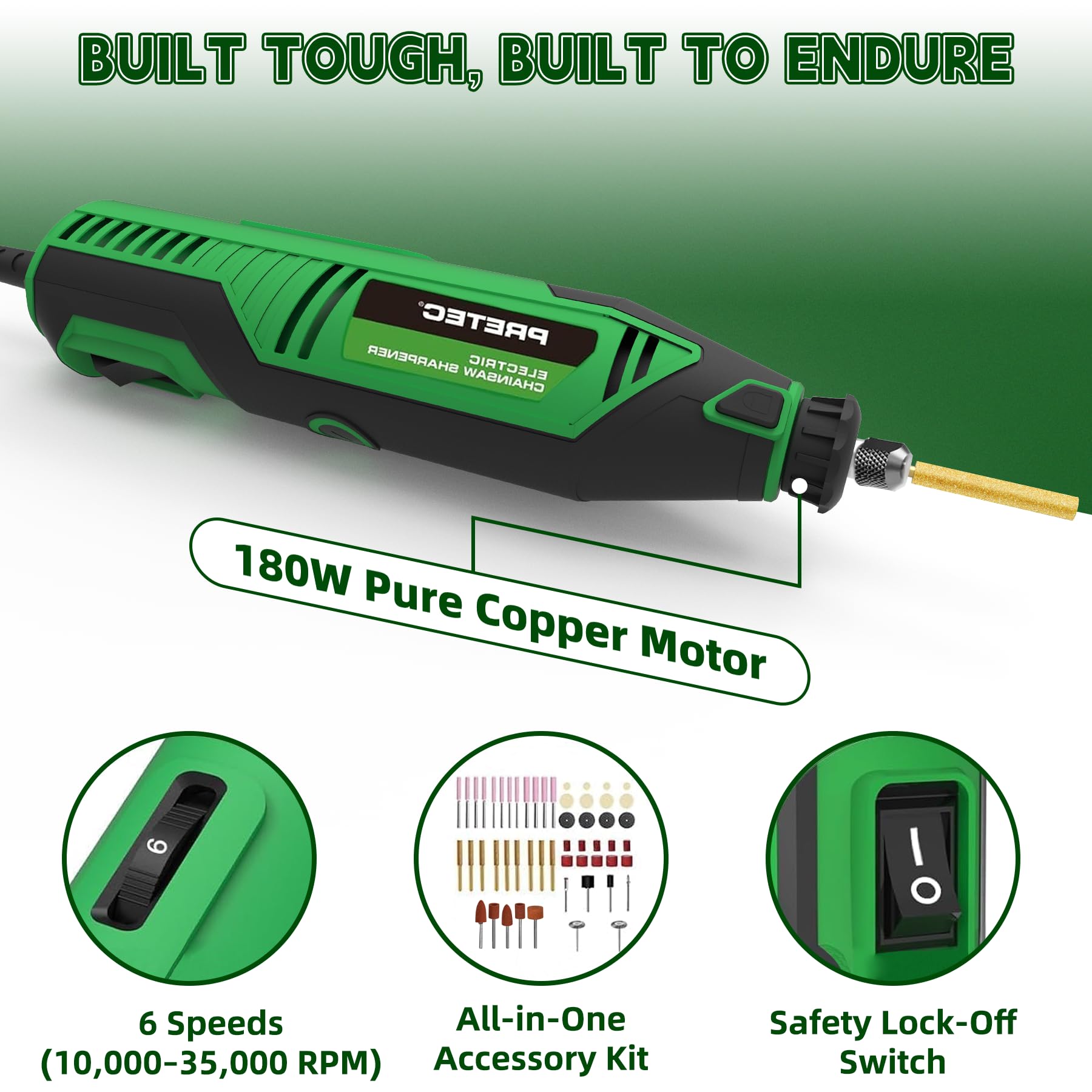 PRETEC speed control dial detail enabling precise RPM selection for tasks