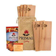 Primal Grilling front packaging showing five cedar planks and product branding benefit