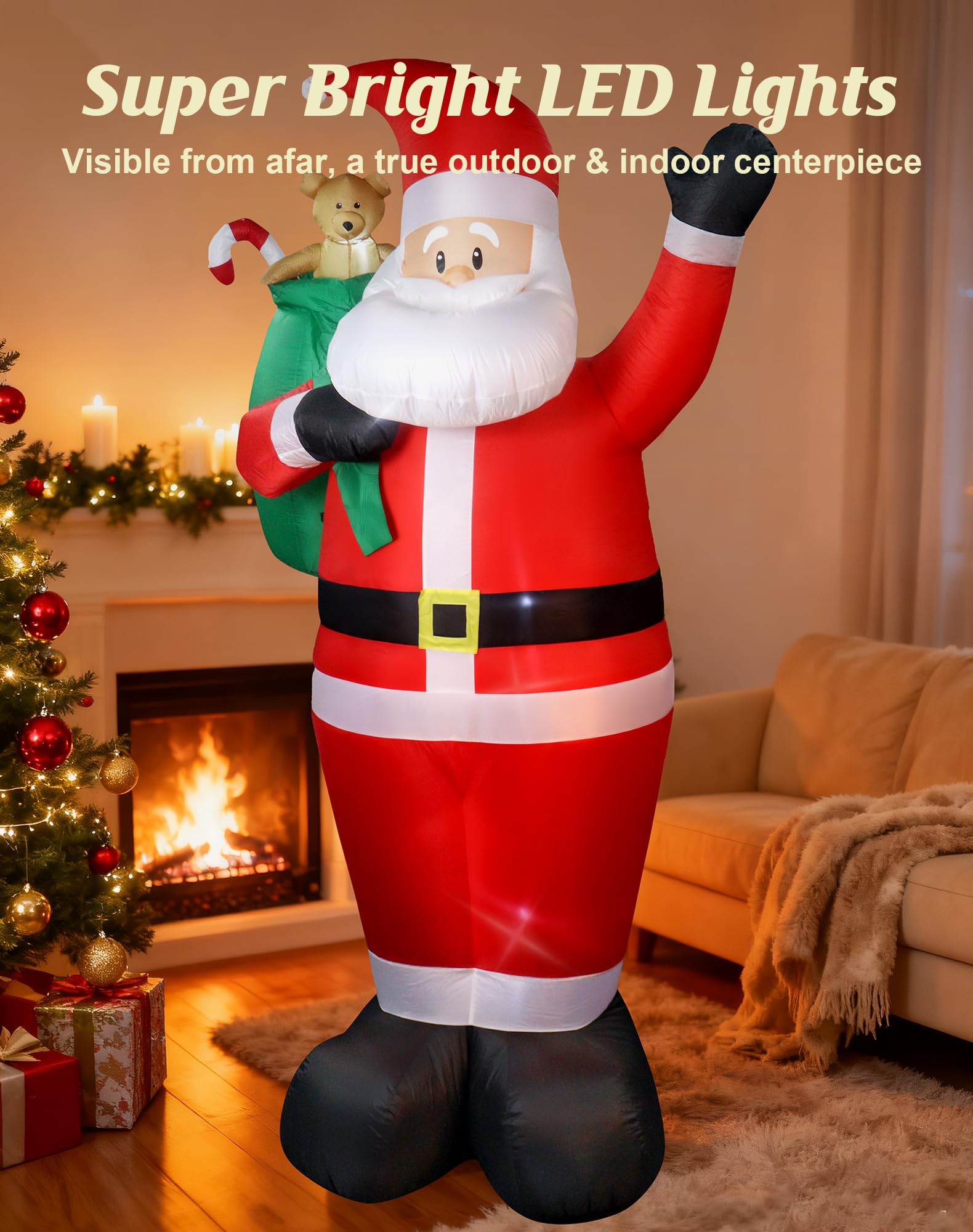 Primelove Santa holding green gift bag detail emphasizing vibrant colors