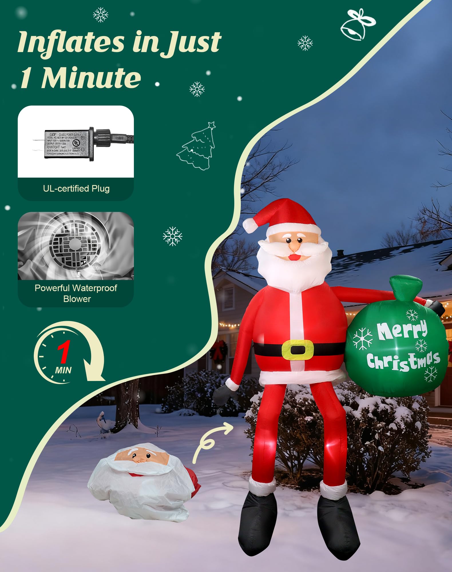 Primelove Santa lit at night with LEDs creating bright, welcoming yard ambiance