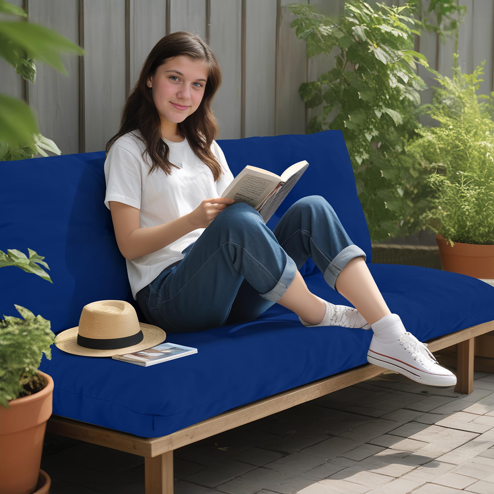PRIMEPATIO cushion placed on a garden bench showing improved seating comfort