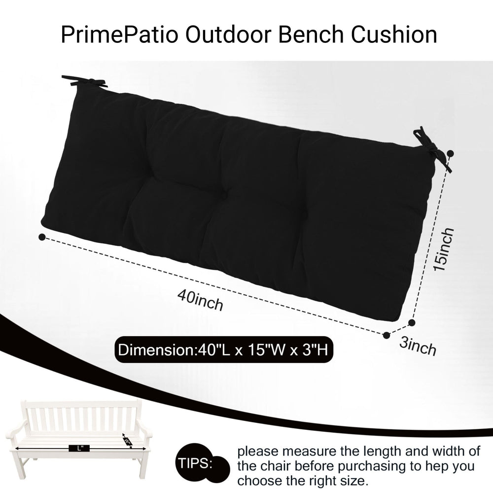 PRIMEPATIO cushion on wooden patio bench showing styled outdoor seating benefit