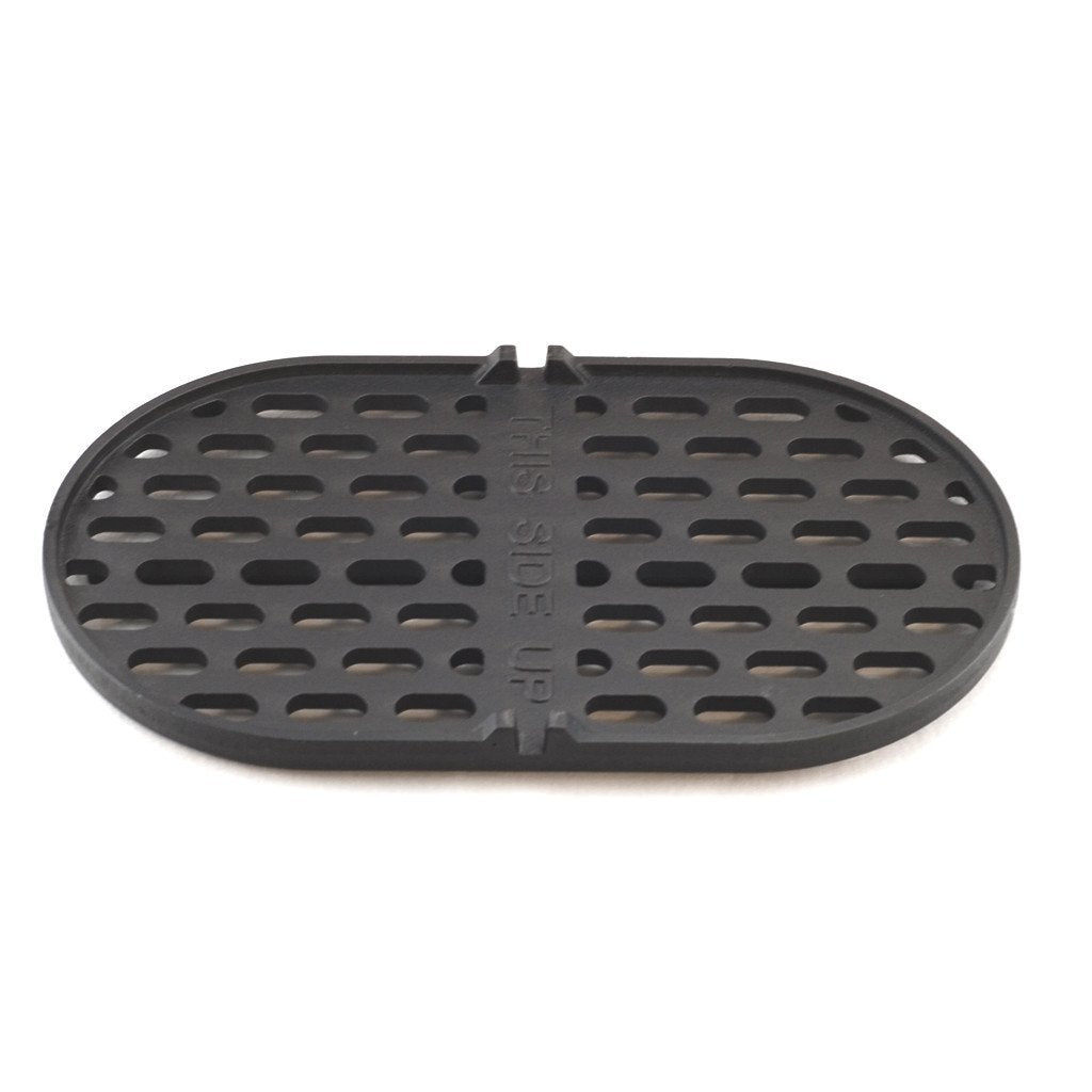 Primo cast iron grate front view showing full-length fit and durable construction benefit
