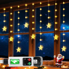 Prisay front view of star curtain lights showing full window coverage and warm glow