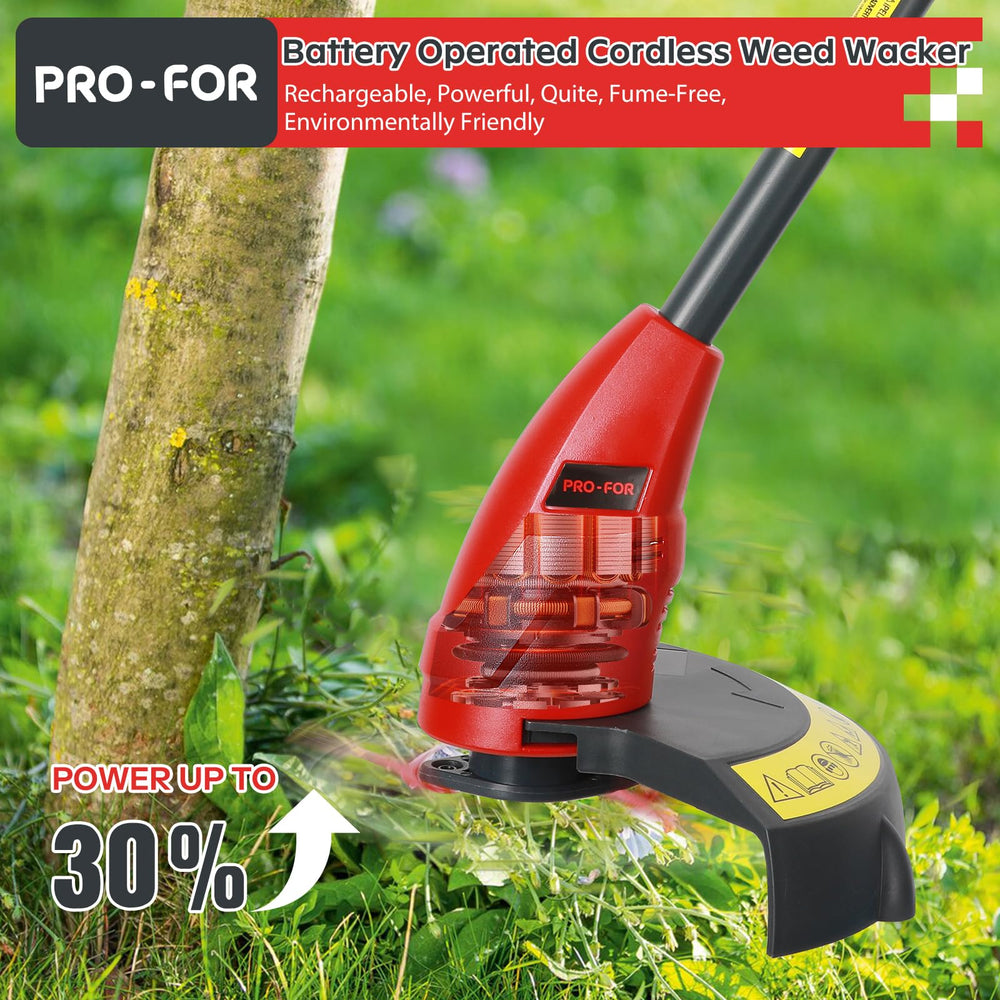 PRO-FOR trimmer in use trimming grass showing efficient yard cleanup benefit