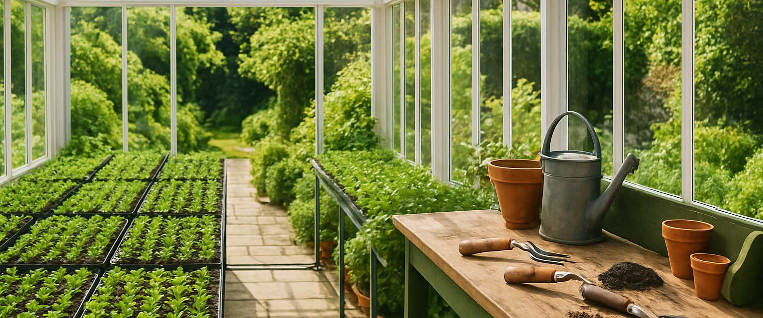 Greenhouse seedlings under shade cloth — GardenLuxe seasonal banner