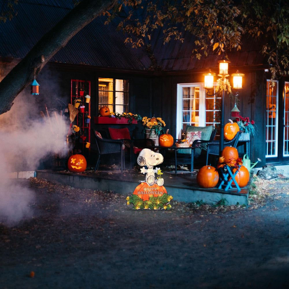PRODUCTWORKS in-yard at night with glow, creates welcoming Halloween ambiance for visitors