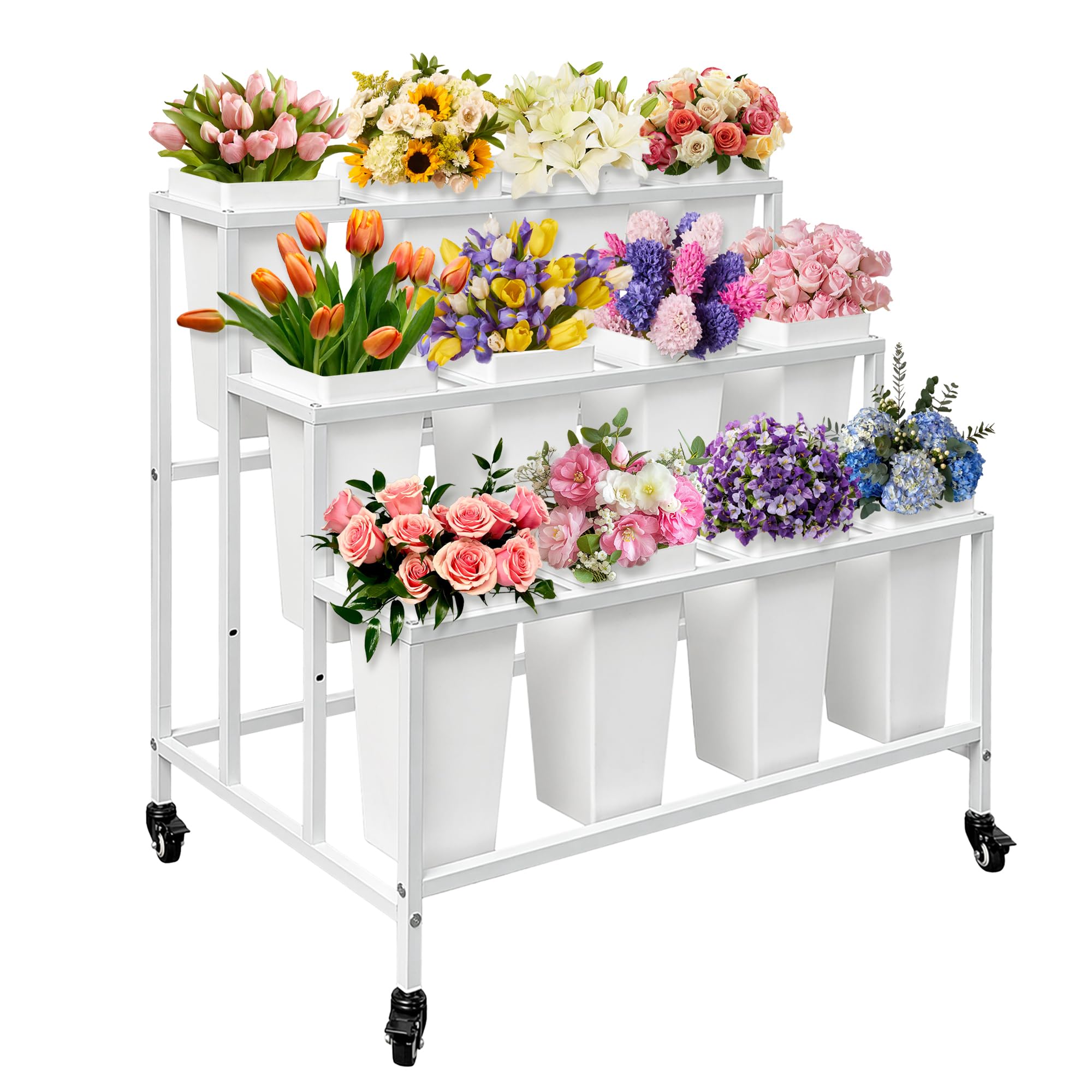 PROLEE front view of white three-tier flower stand showing 12 buckets and tidy display