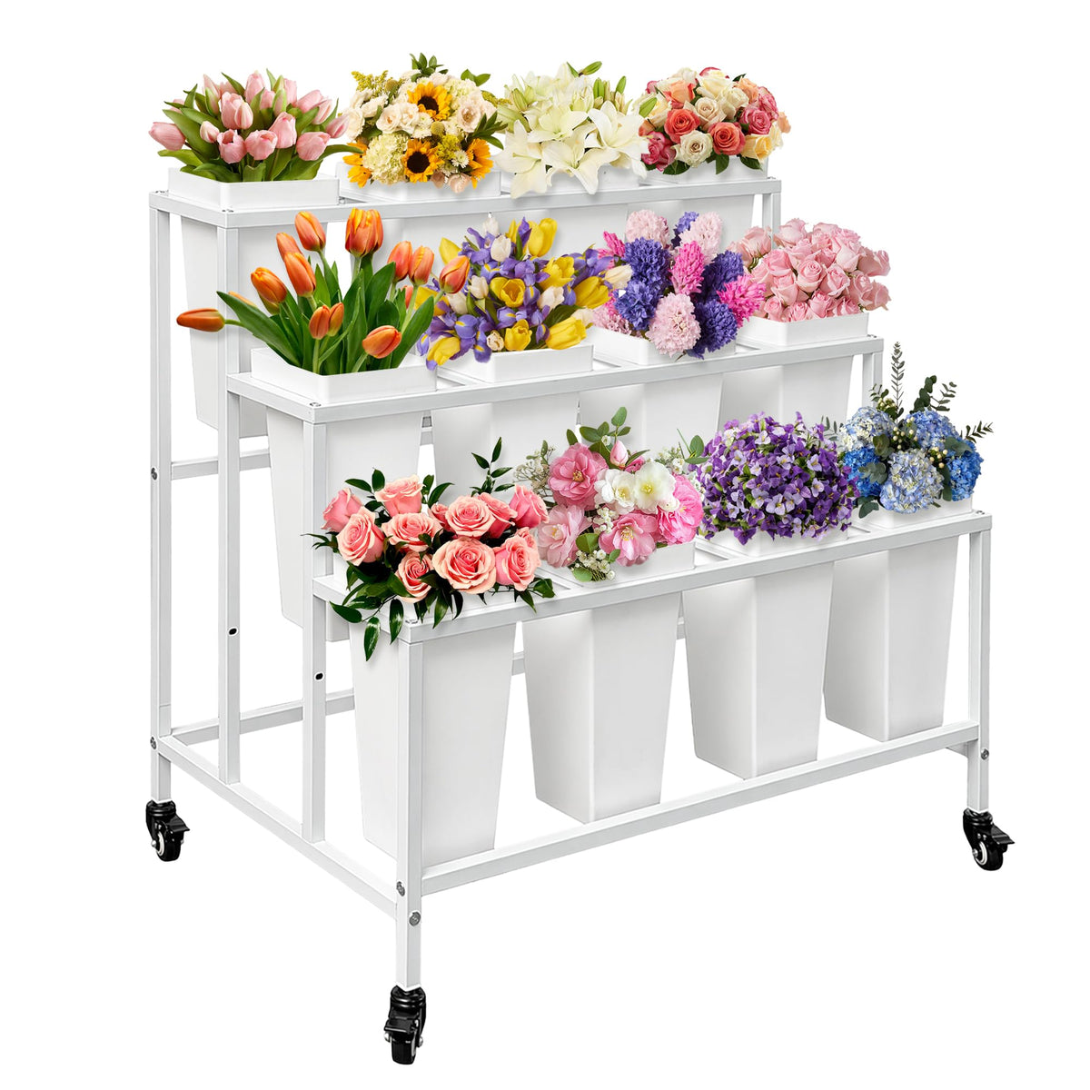 PROLEE front view of white three-tier flower stand showing 12 buckets and tidy display