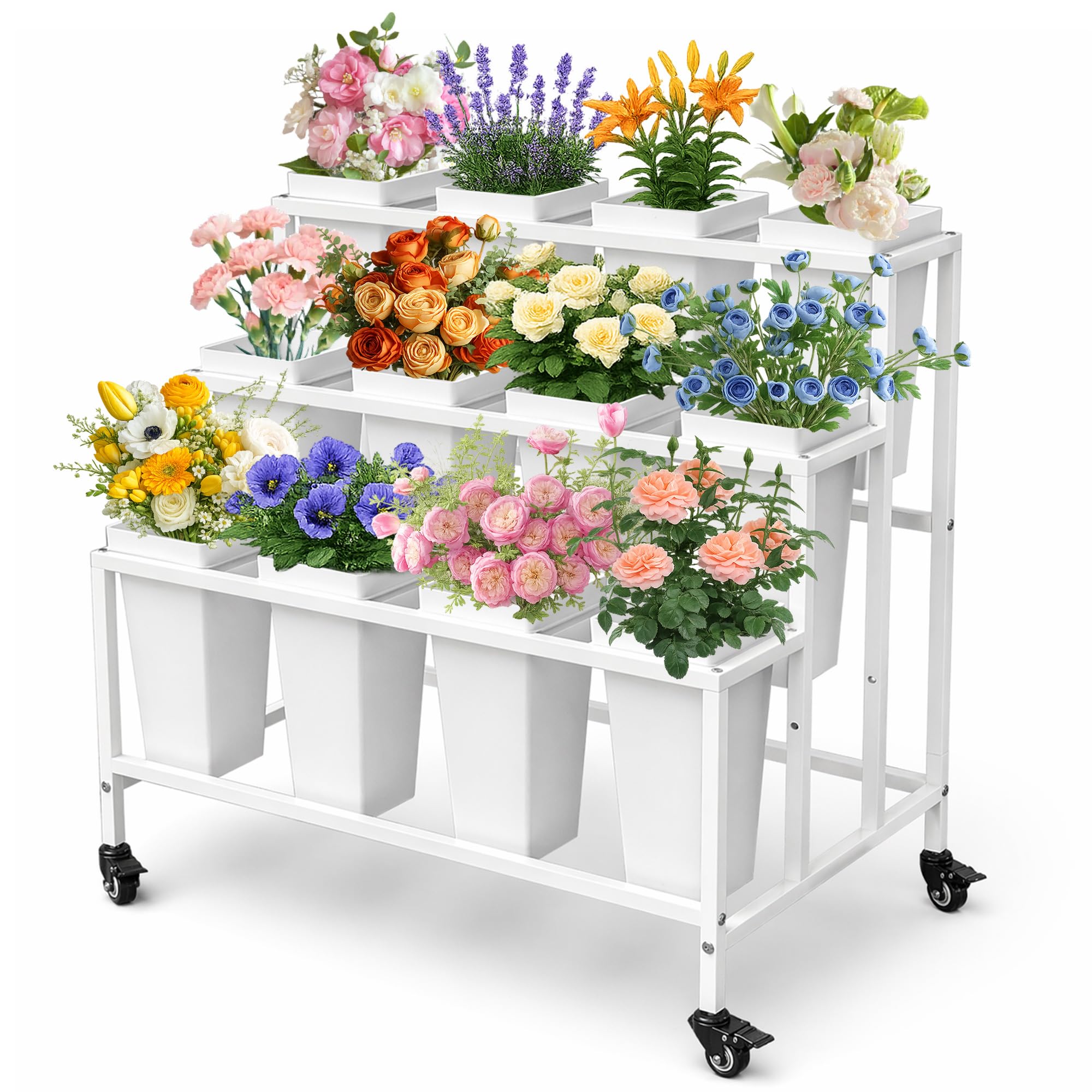 PROLEE front view of white three-tier stand showing organized bouquets and easy display
