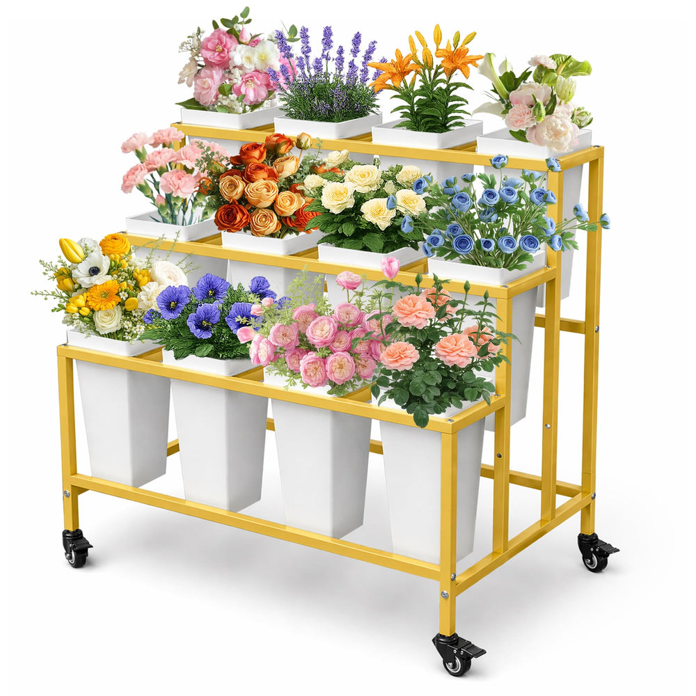 PROLEE front view of gold three-tier stand showing organized bouquets and visual appeal