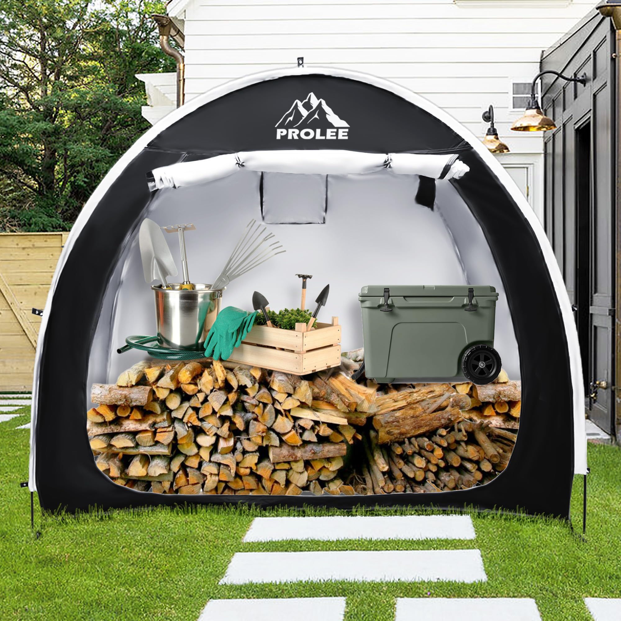 PROLEE lifestyle shot in driveway showing convenient outdoor shelter