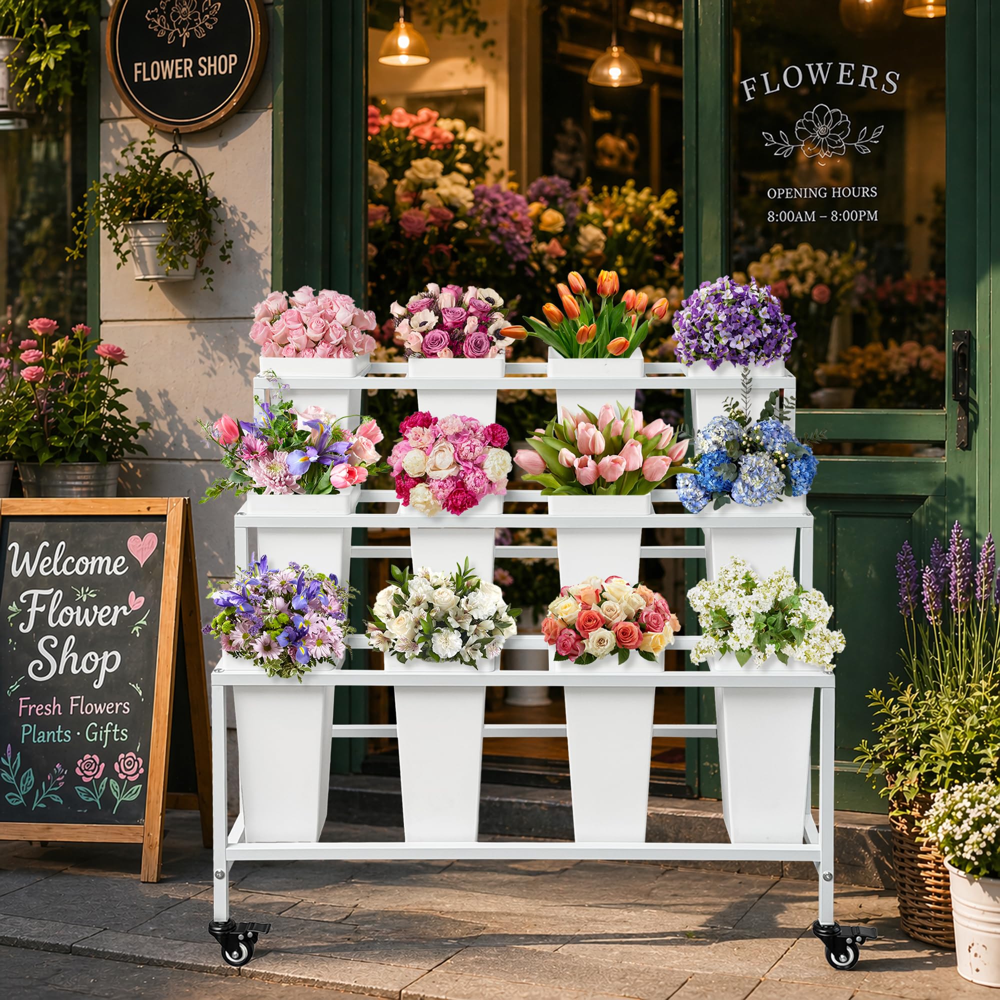 PROLEE lifestyle image of stand used at a wedding showing elegant, portable floral display