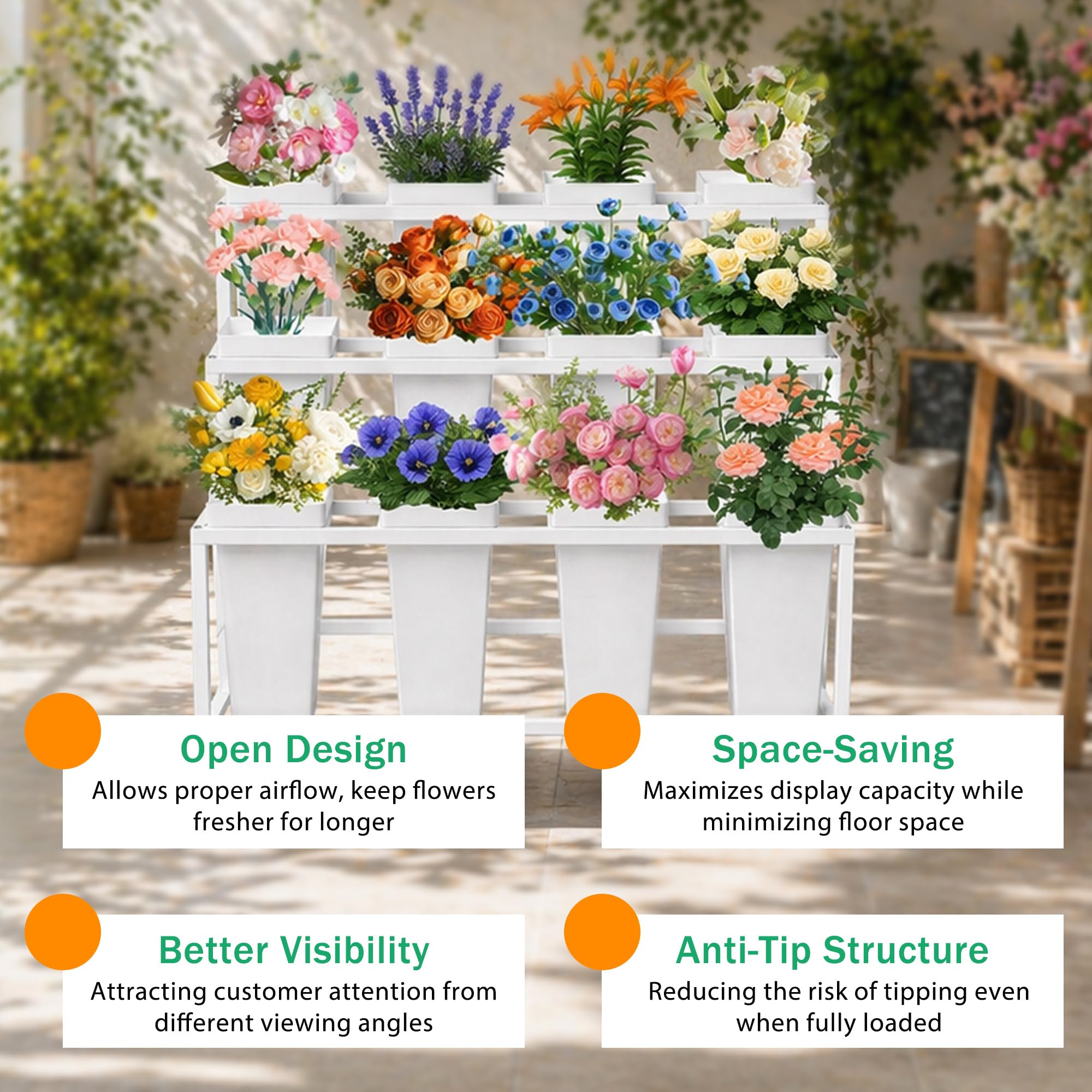 PROLEE tier spacing close-up showing room for tall stems and neat arrangements
