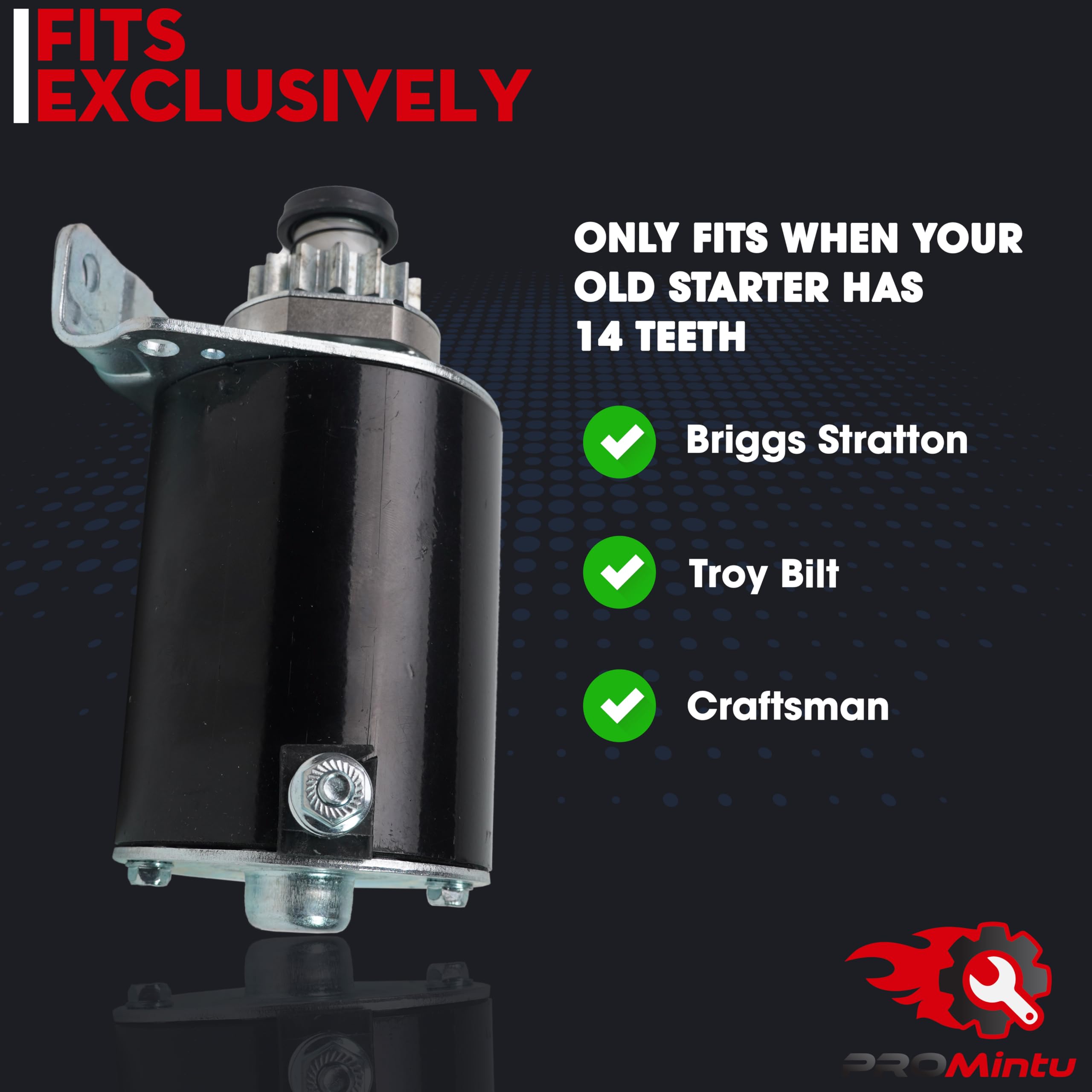 ProMintu starter 14-tooth pinion close-up ensures correct tooth match
