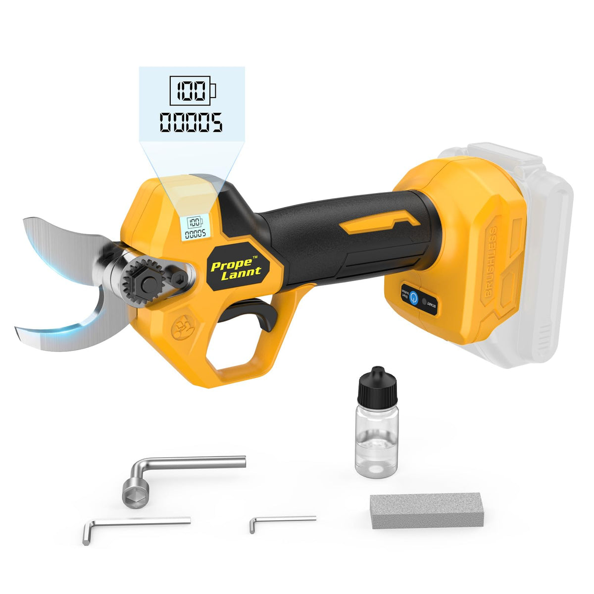 PropeLannt front unit view showing compact design and Dewalt battery slot, boosts workflow