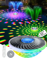ProSplash front view floating fountain showing decorative lights and spray benefit