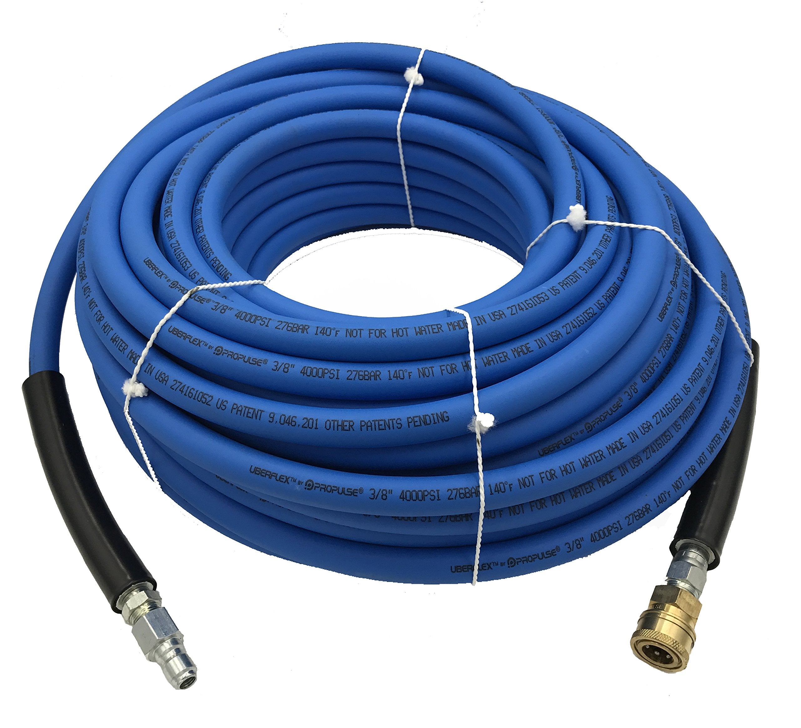 ProPulse front view of blue UBERFLEX hose showing 100ft coil and label, durable design