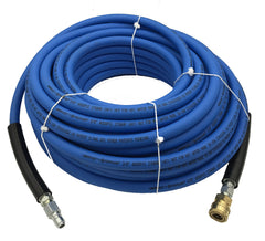 ProPulse front view of blue UBERFLEX hose showing 100ft coil and label, durable design