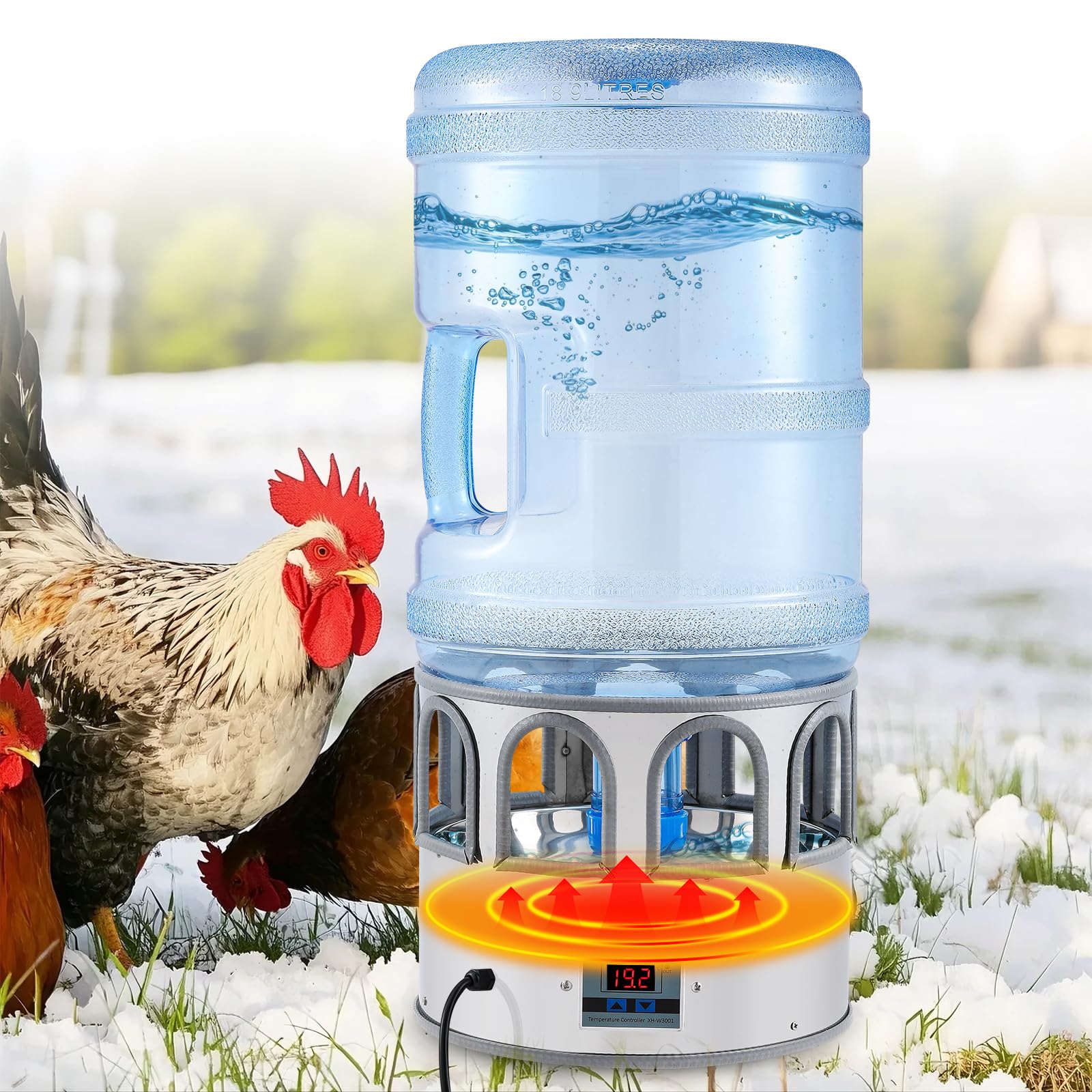 Proshine front view showing heated chicken waterer and 5-gallon bucket, reliable winter water