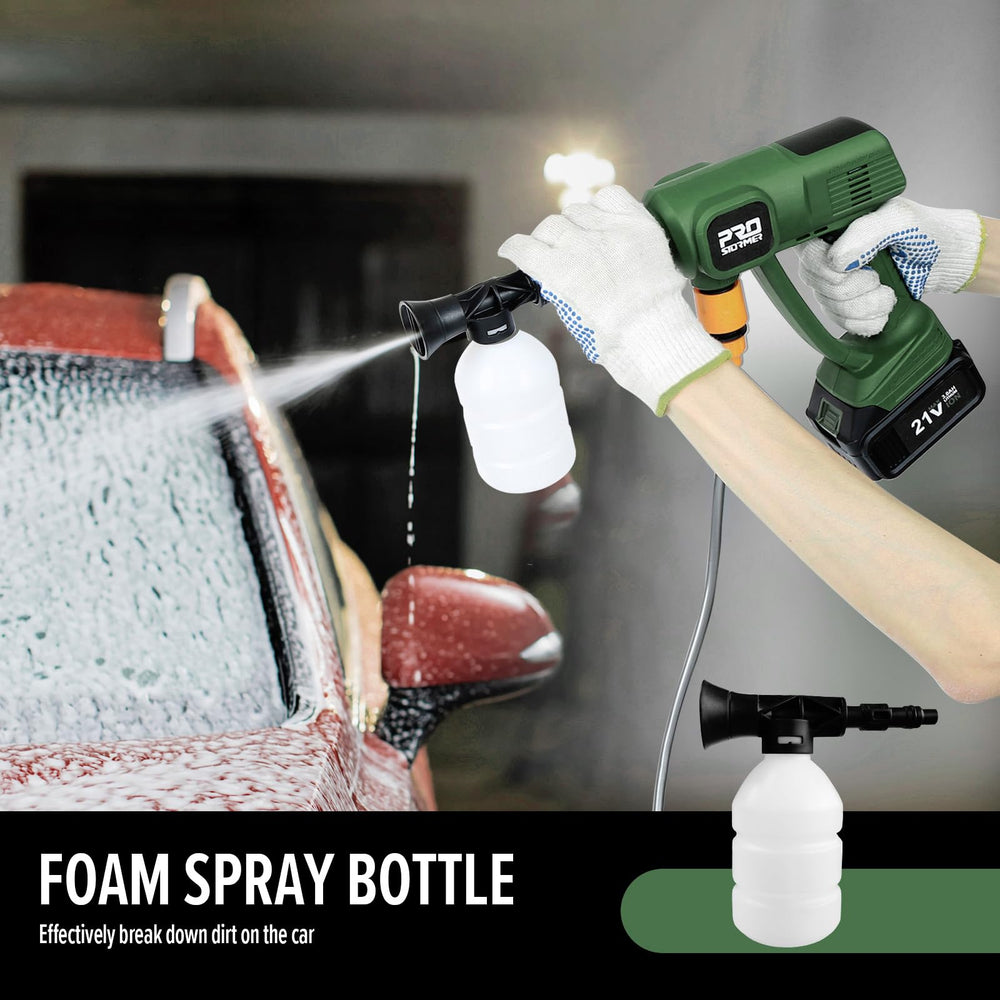 Prostormer cordless washer cleaning a car exterior for efficient spot removal