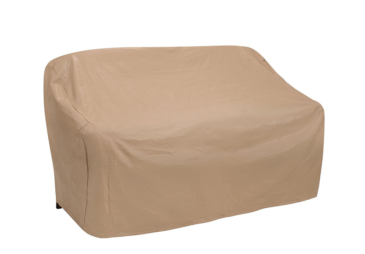 Protective Covers two-seat glider cover front view in tan showing full protection and neat fit