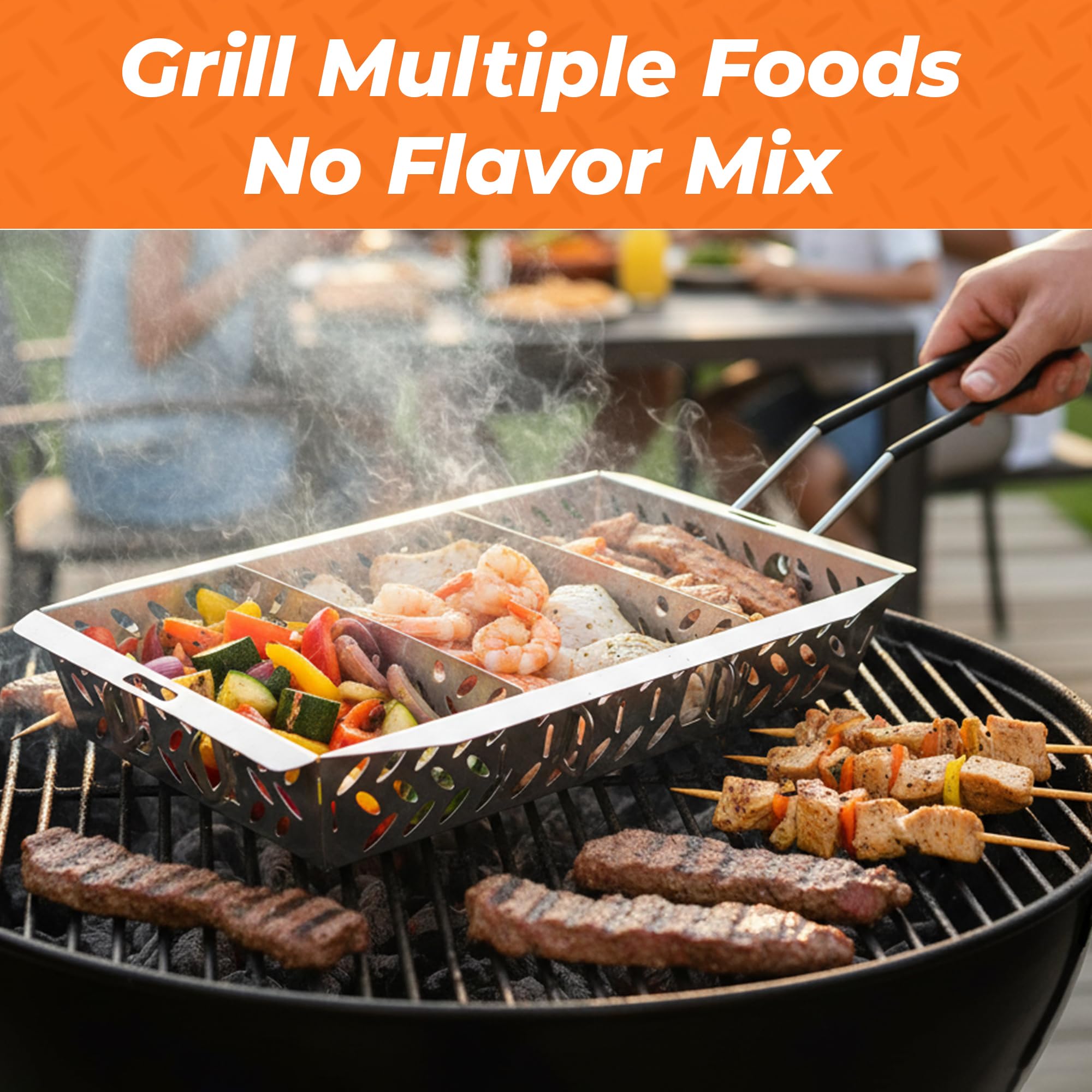 Proud Grill basket with fish and shrimp showing gentle handling of delicate foods