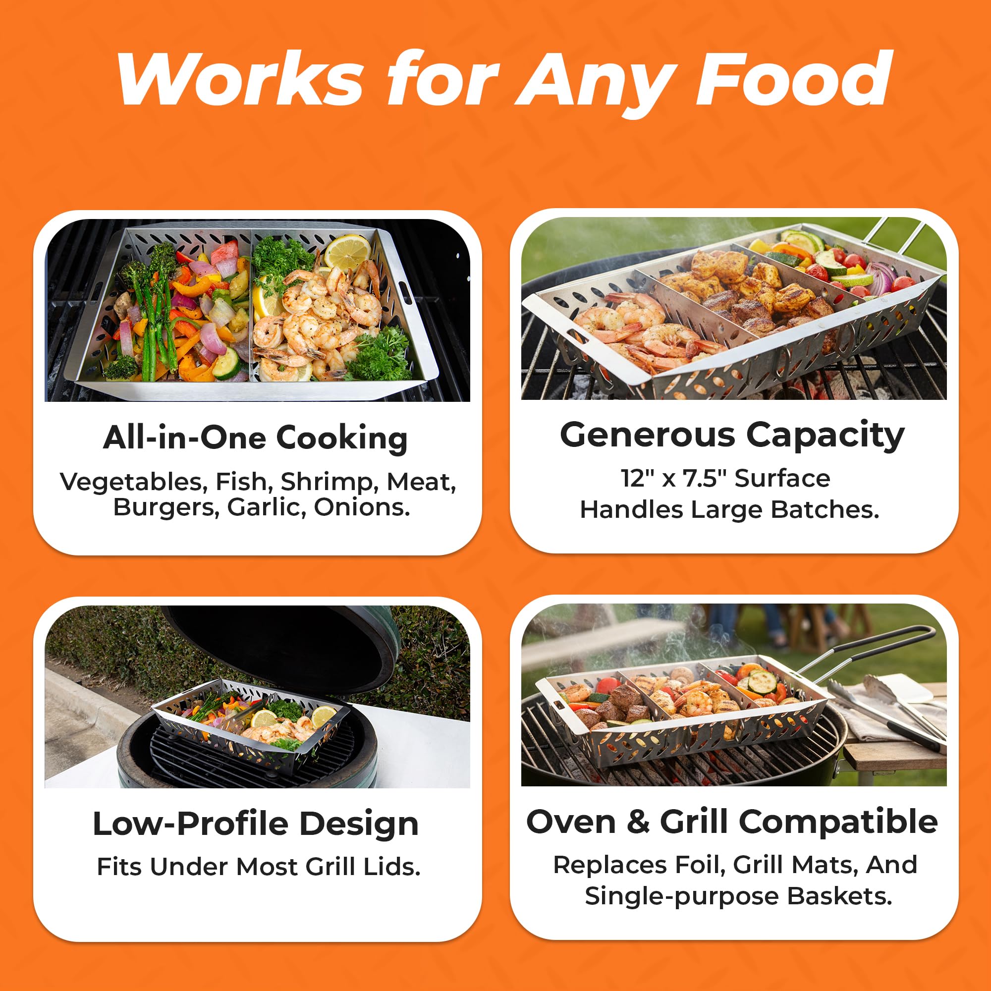 Proud Grill basket in use with vegetables showing even charring and easy turning