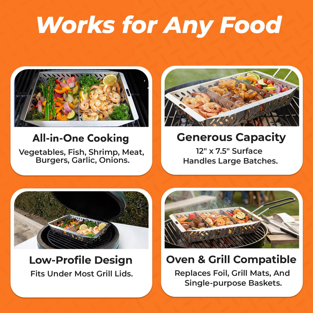 Proud Grill basket in use with vegetables showing even charring and easy turning
