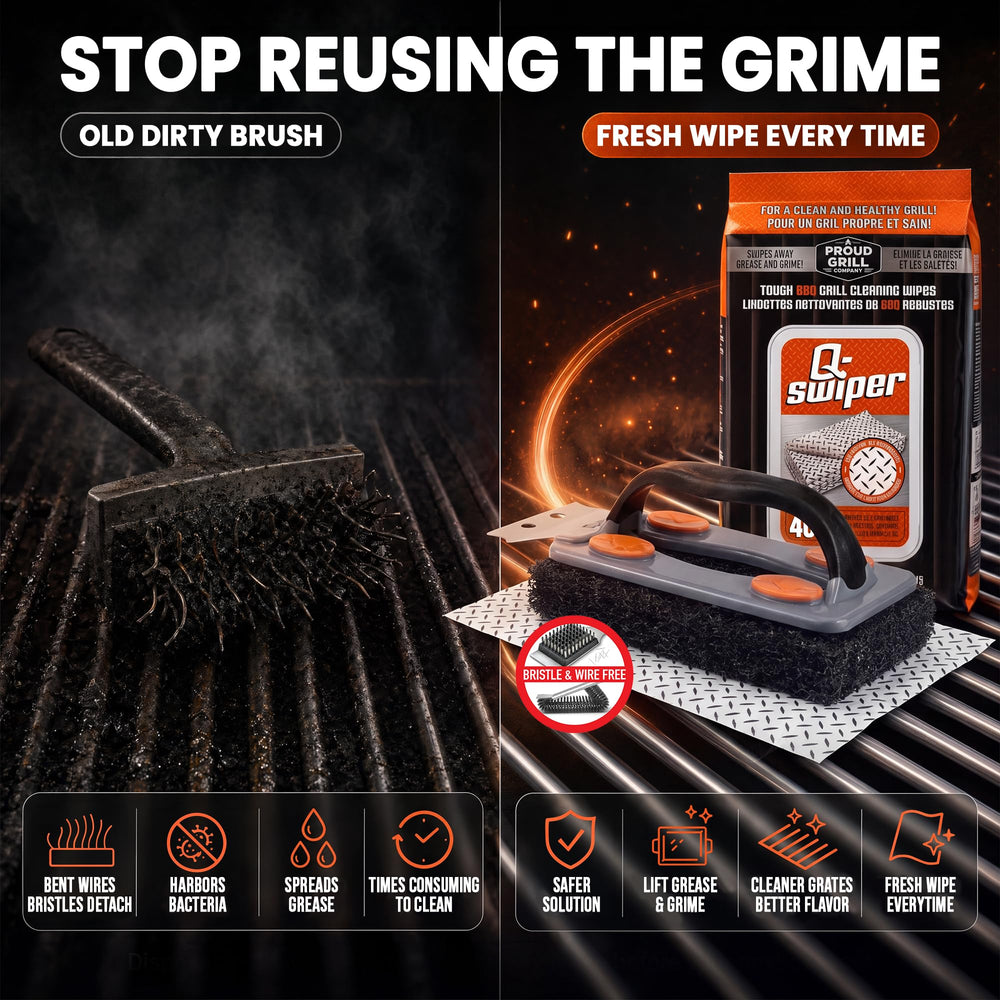 Proud Grill wipe in use on stainless steel grate for quick cleaning