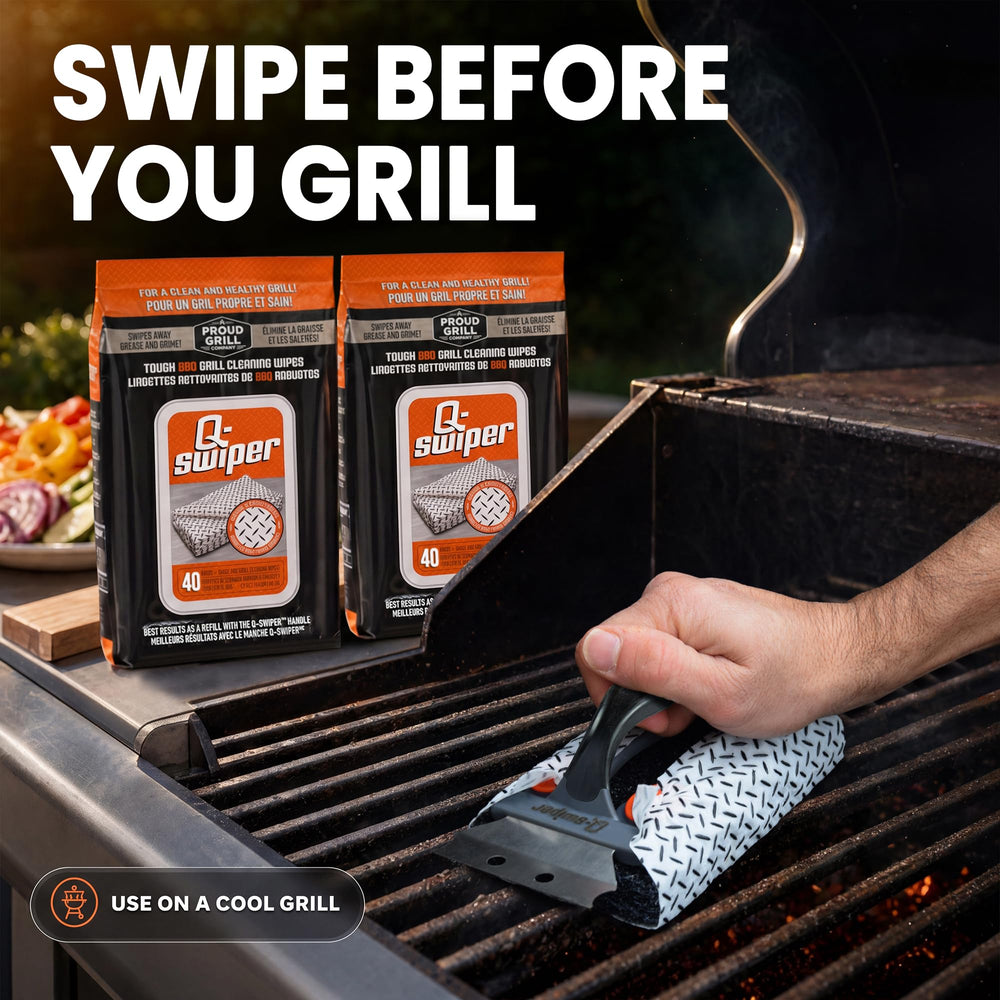 Proud Grill stainless steel scraper detail removes burnt-on food