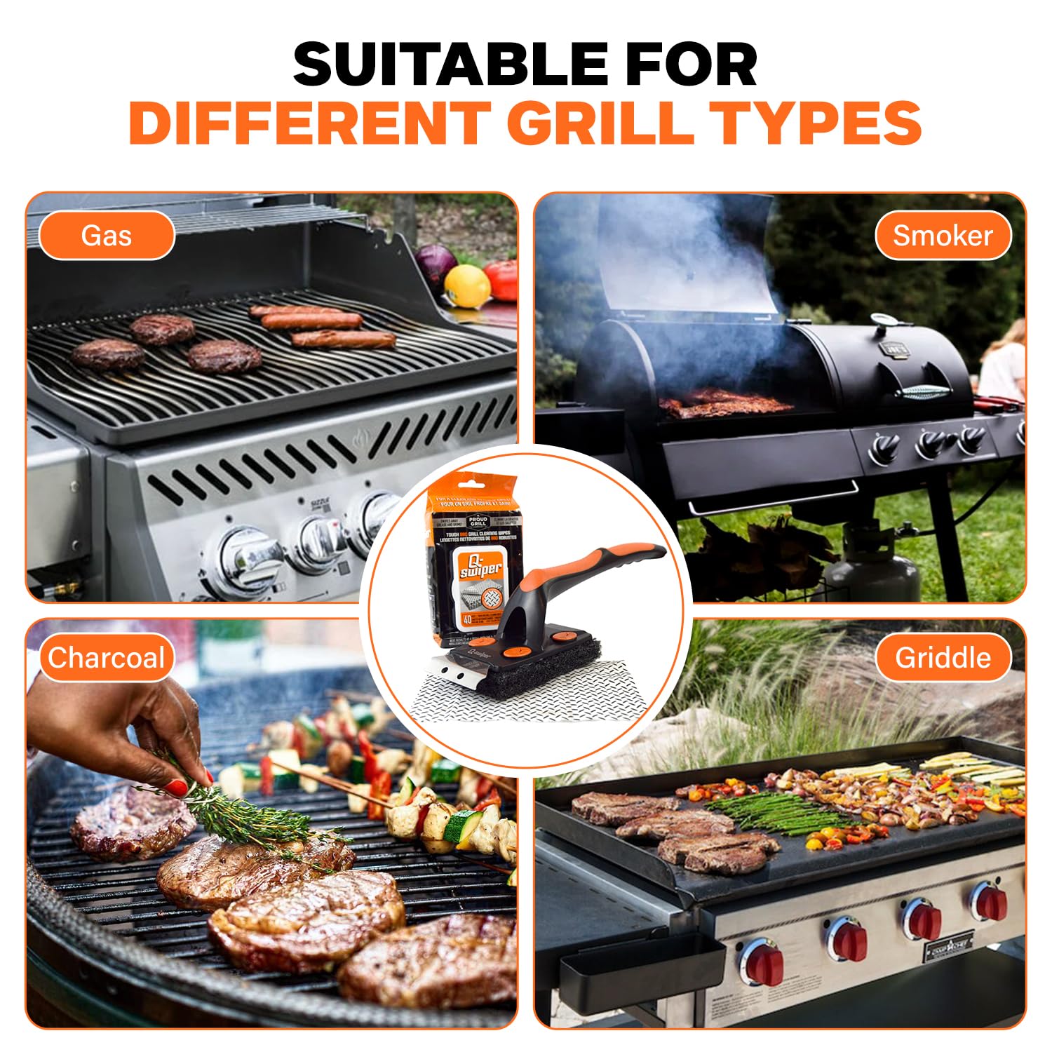 Proud Grill Company Q-Swiper XL scrubbing a cast-iron grate to lift charred food