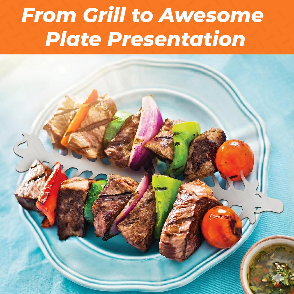 Proud Grill skewers sliding food onto plate for neat presentation