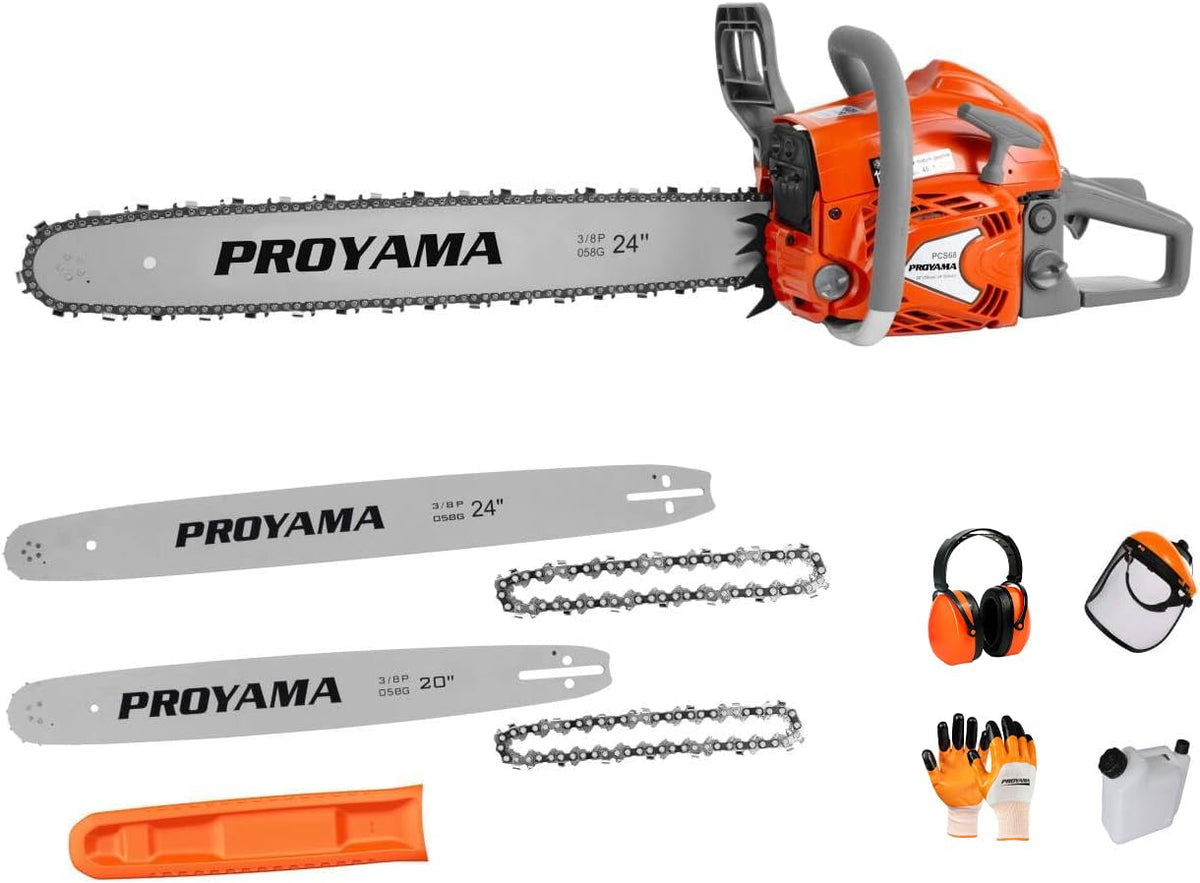 PROYAMA 68CC front view showing saw body and bar for durable cutting