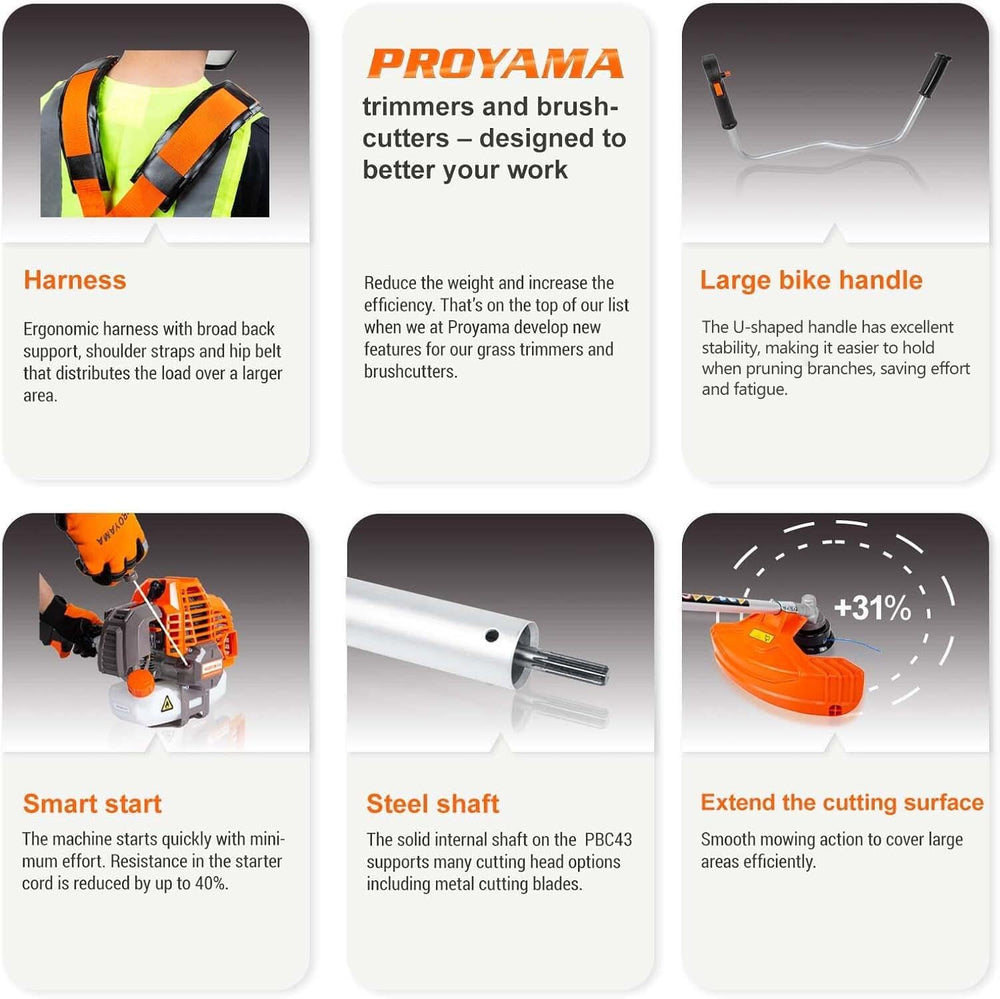 PROYAMA chain blade detail highlighting capability to cut stubborn weeds and small stems