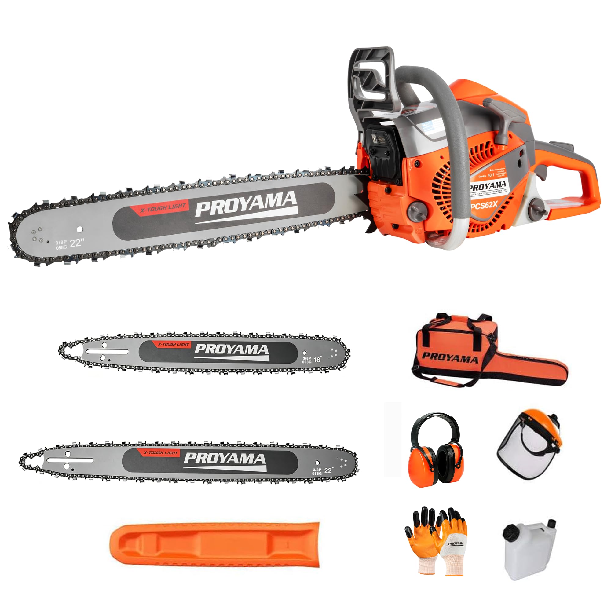 PROYAMA chainsaw front view showing compact power and controls