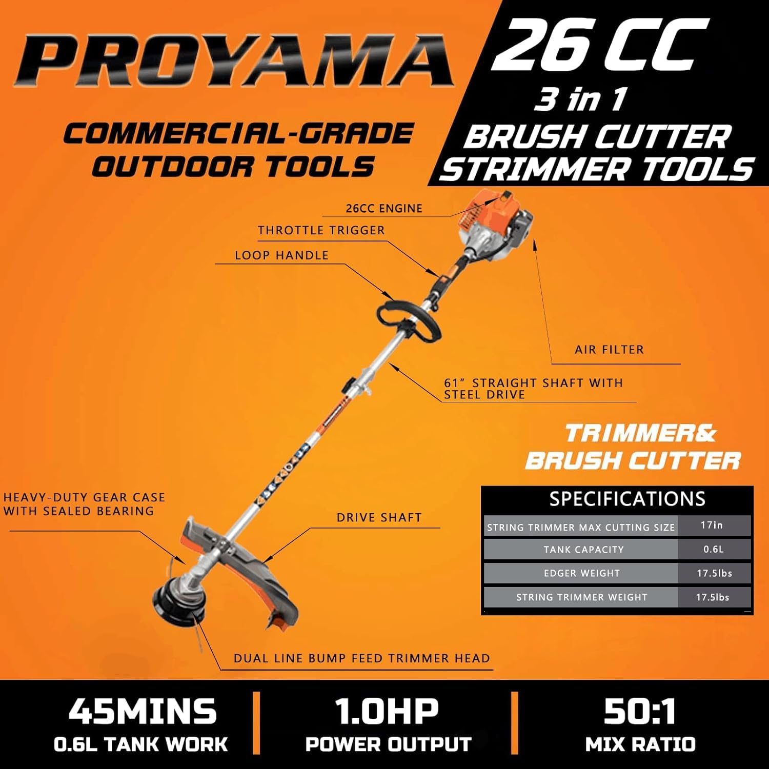 PROYAMA engine close-up illustrating 26cc power and efficient performance