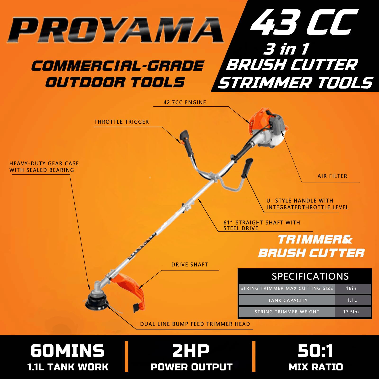PROYAMA close-up of 42.7cc engine and starter for reliable power and long runtime