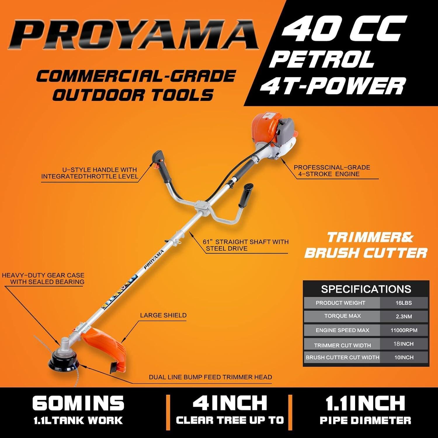 PROYAMA engine close-up highlighting the 40cc 4-cycle motor and durability