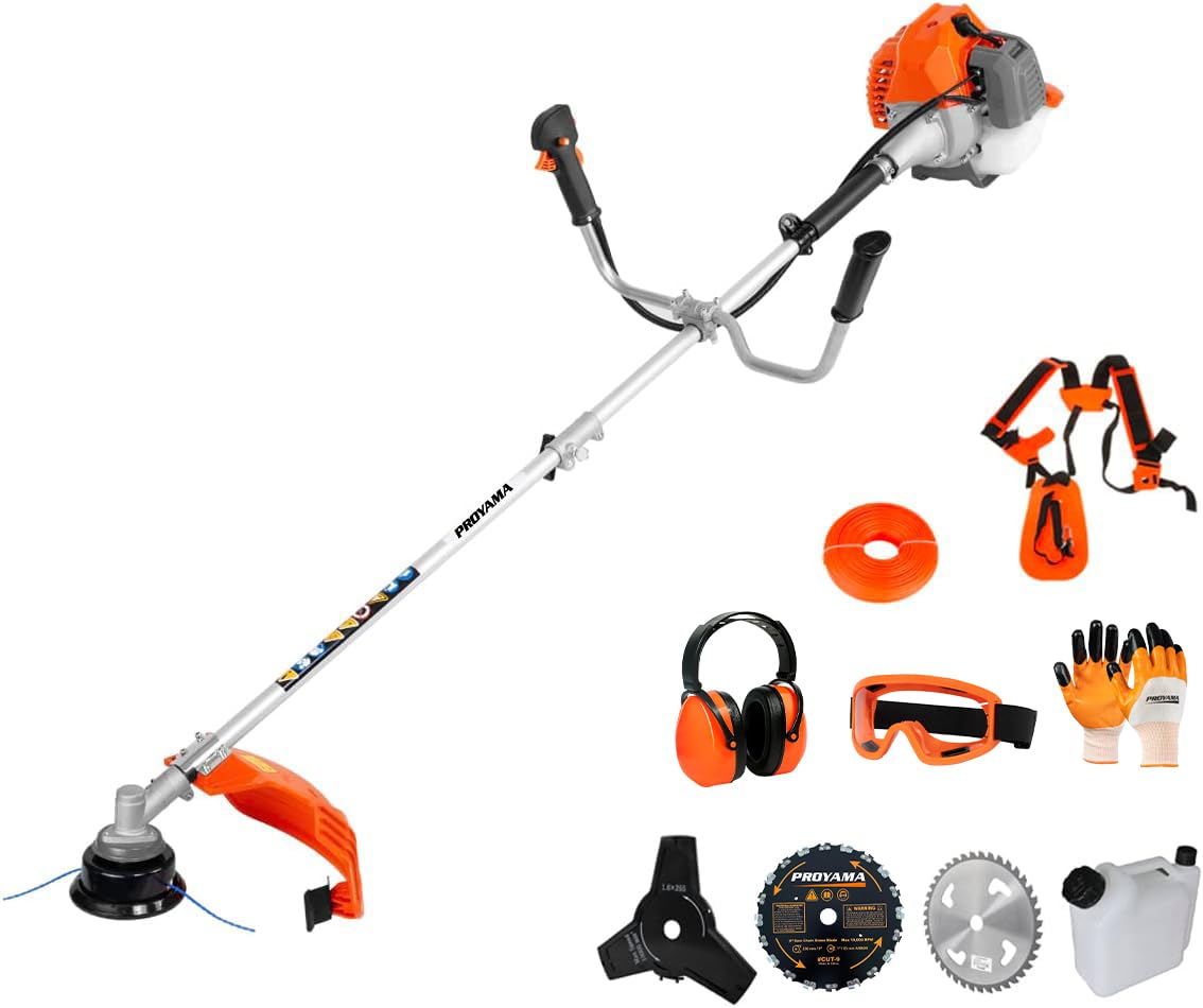 PROYAMA front view of full 42.7cc 3-in-1 unit showing attachments and portability benefit