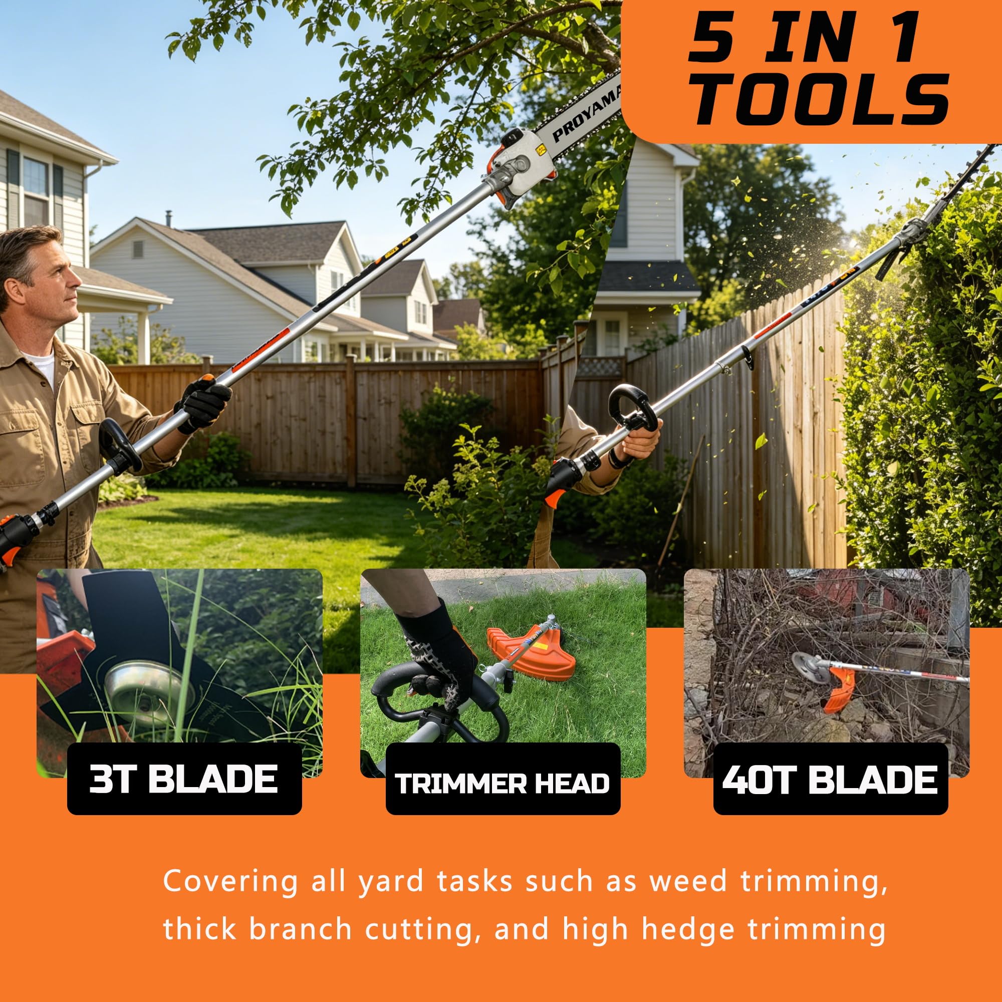 PROYAMA pole saw attachment in use reaching high branch for safer pruning