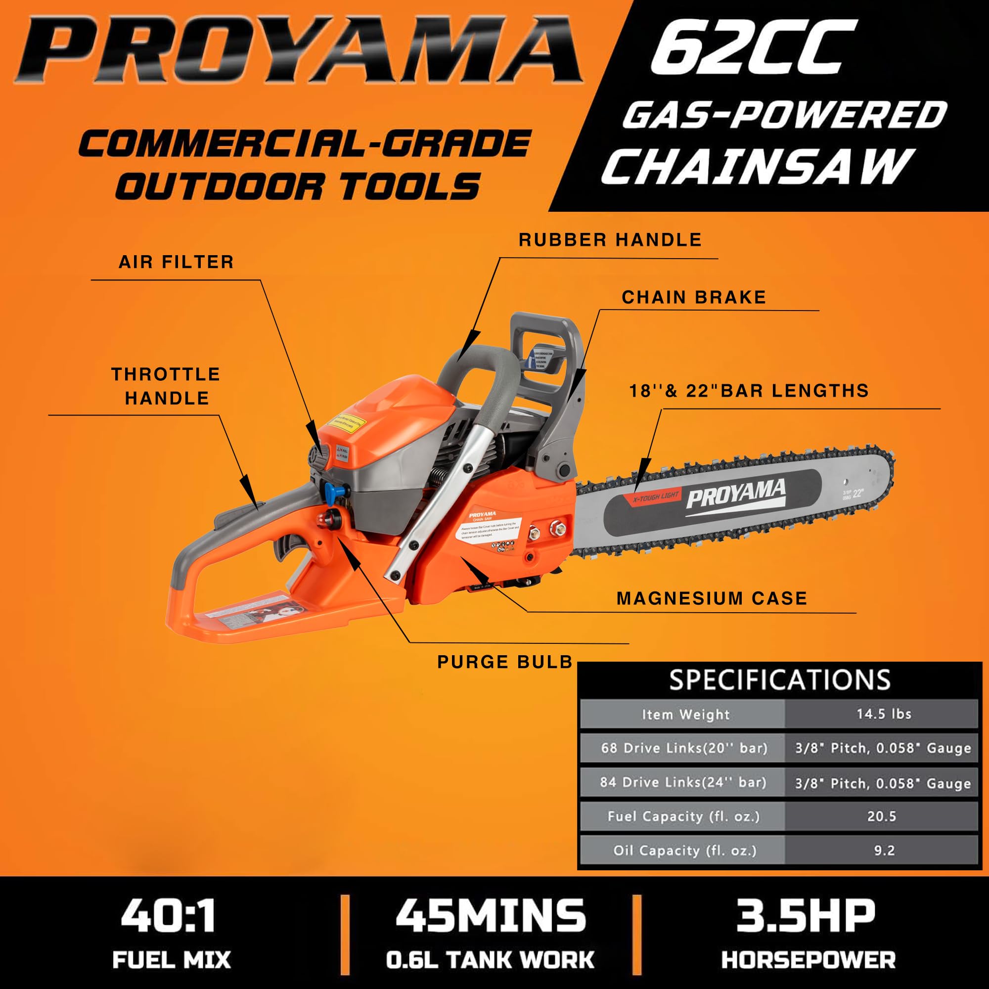 PROYAMA chainsaw next to hands for size and weight comparison