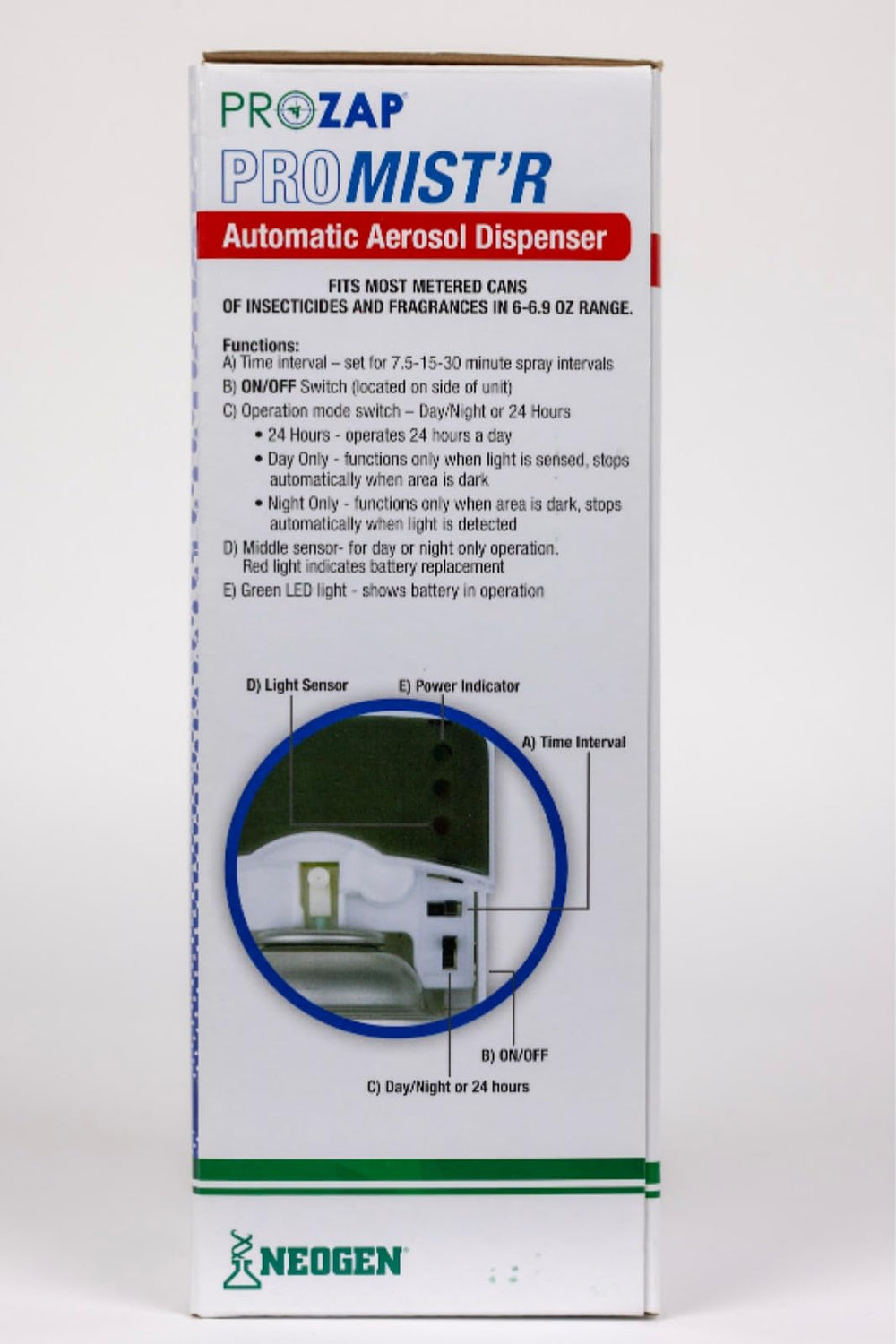 Prozap ProMist’r II close-up on power switch and interval display for easy programming and reliable timing